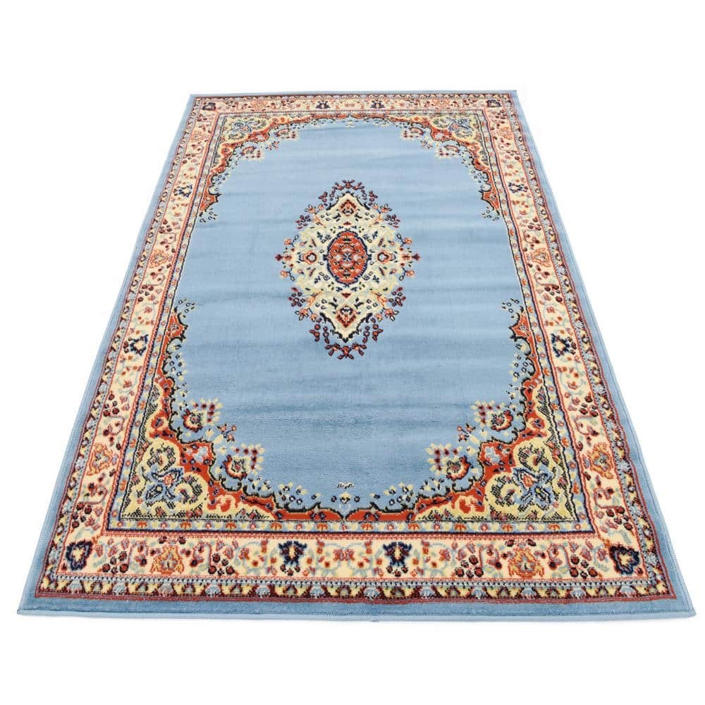 Light Blue Synthetic Medallion 4' x 6' Rectangular Rug