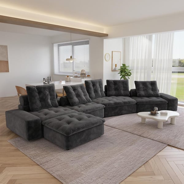 J&E Home 185.1 in Wide Square Arm Velvet L-Shaped Sofa Couch with Removable Ottoman in. Gray