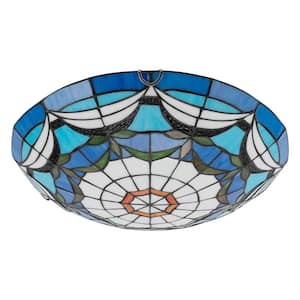 15.74 in. 3-Light Blue Retro Flush Mount Ceiling Light with Multi-Colored Glass Shade and No Bulbs Included