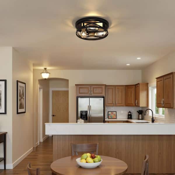 YANSUN 12.6 in. 3-Light Black and Gold Farmhouse Flush Mount