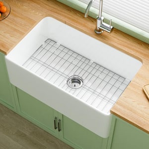 Farmhouse Sink 30 in. Single Bowl Gloss White Fireclay Kitchen Sink Apron Sink with Strainer and Bottom Grid Barn Sink