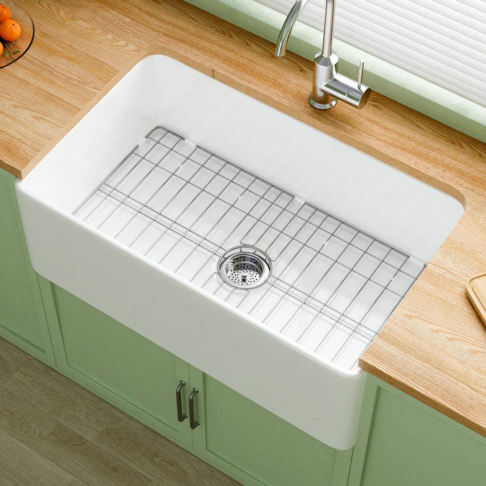 Farmhouse Sink 30 in. Single Bowl Gloss White Fireclay Kitchen Sink Apron Sink with Strainer and Bottom Grid Barn Sink price history on PriceWatchPro