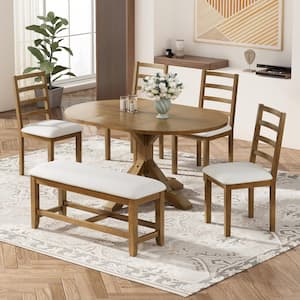 Farmhouse 6-Piece Dark Brown Wood Top Extendable Table Set Seats 6, with 1 Bench, 4-Chairs and 18 in. Removable Leaf