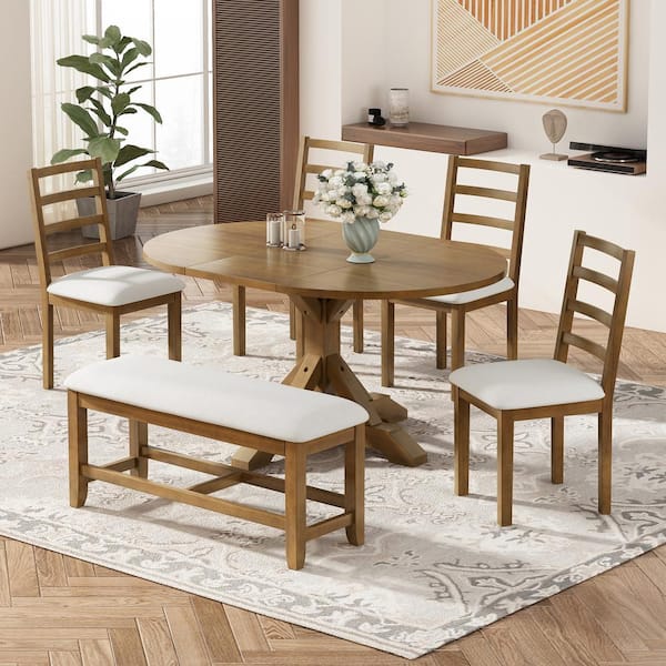 Harper & Bright Designs Farmhouse 6-Piece Dark Brown Wood Top Extendable Table Set Seats 6, with 1 Bench, 4-Chairs and 18 in. Removable Leaf