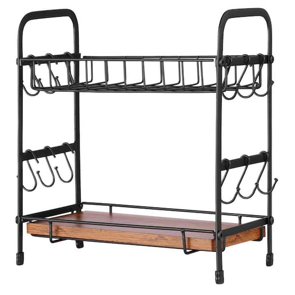 2 Tier Coffee Bar Organizer for Countertop Multifunctional Mug Holder Carbon Steel 12 Movable Hooks Espresso Cups Black