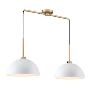 Percy Modern 2-Light Pendant Light Fixture with White Metal Shade and Vintage Brass Accent Adjustable Cord, Set of 2
