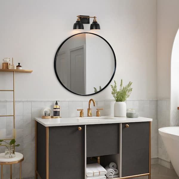 LNC Modern 2-Light Black Vanity Light with Brass Plated Metal Arm
