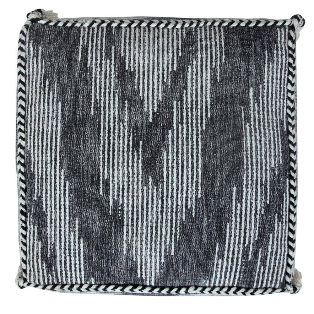 Gray and Ivory Cotton Geometric Pouf with Tassels