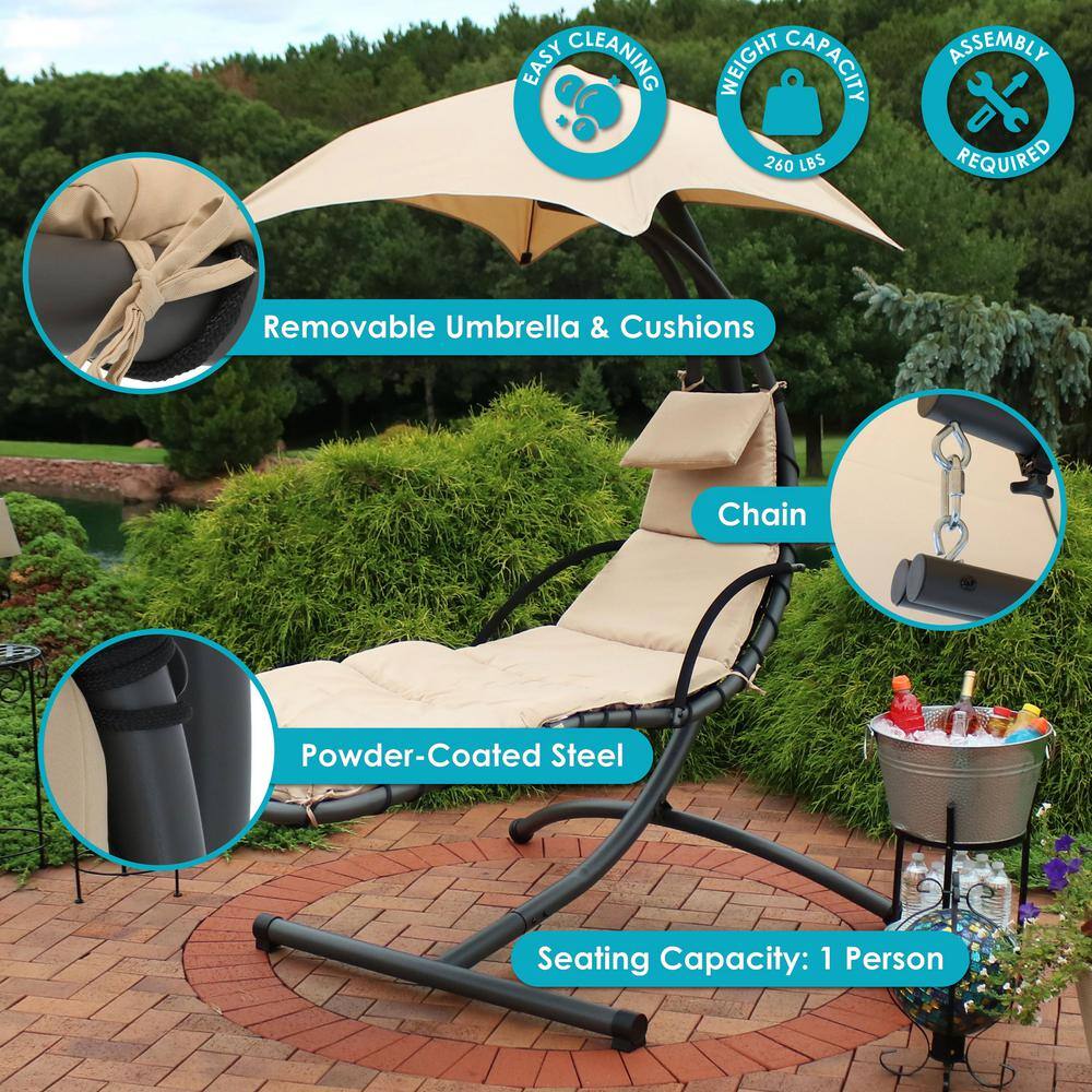 Beige Hanging Chaise Lounge Chair with Canopy and Cushions
