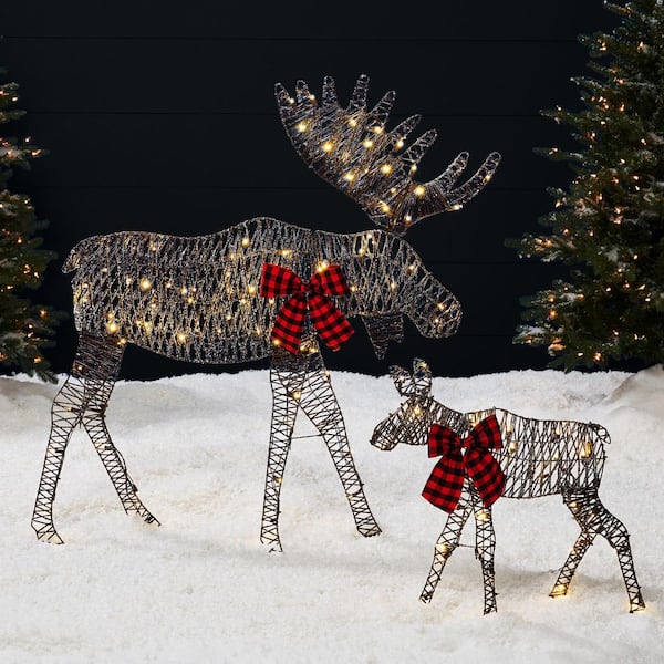 4 ft. 2-Piece Lighted Rattan 2D Christmas Moose Set with 125 LED Lights and Stakes
