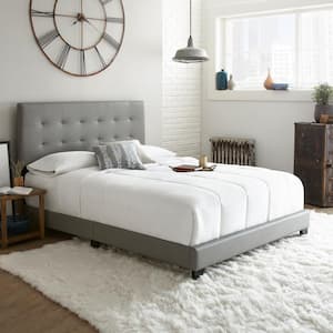 Roma Upholstered Tufted Faux Leather Platform Bed Frame with Bonus Base Wooden Slat System, Queen, Gray