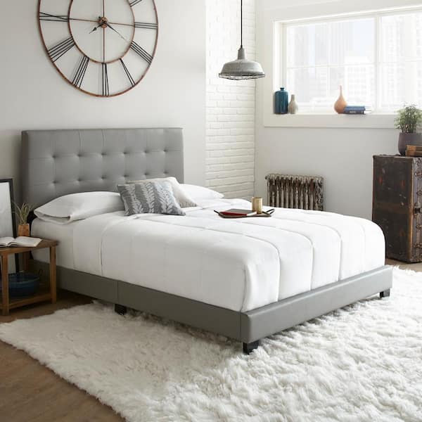 Boyd Sleep Roma Upholstered Tufted Faux Leather Platform Bed Frame with Bonus Base Wooden Slat System, Queen, Gray