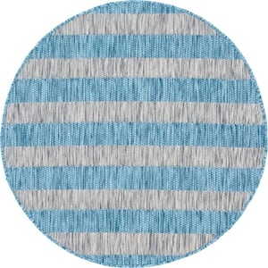 Outdoor Distressed Stripe Aqua Blue 4 ft. Round Area Rug