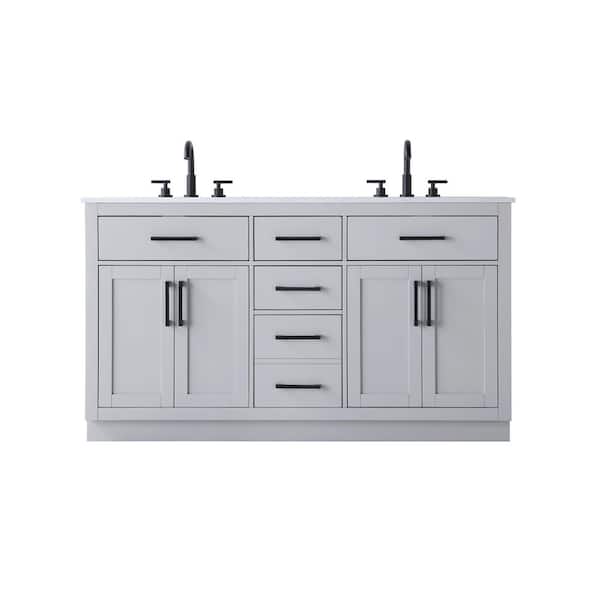 60 in. Double Sink Grey Bath Vanity with White Engineered Marble Top