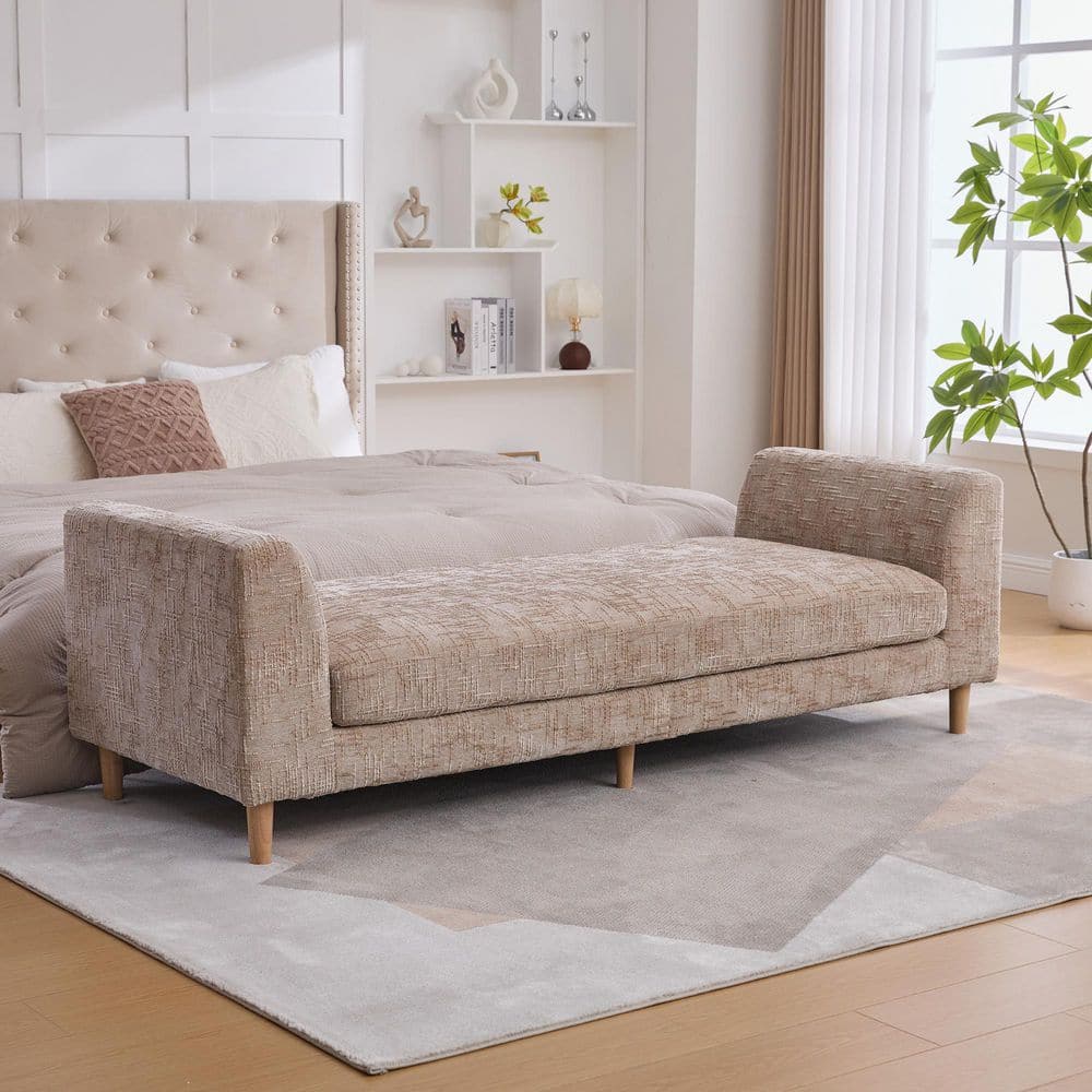 Torvane Modern Wheat 83.1 in. Backless Chenille Upholstered Bedroom Bench with Square Arms, Pillows, Solid Wood Legs