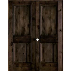 56 in. x 80 in. Rustic Knotty Alder 2-Panel Right-Handed Black Stain Wood Double Prehung Interior Door with Square-Top