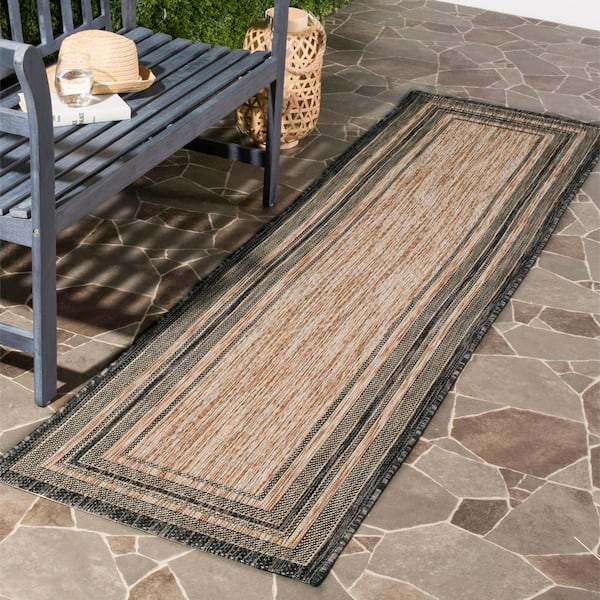 Courtyard Natural/Black 2 ft. x 18 ft. Solid Color Striped Indoor/Outdoor Runner Rug