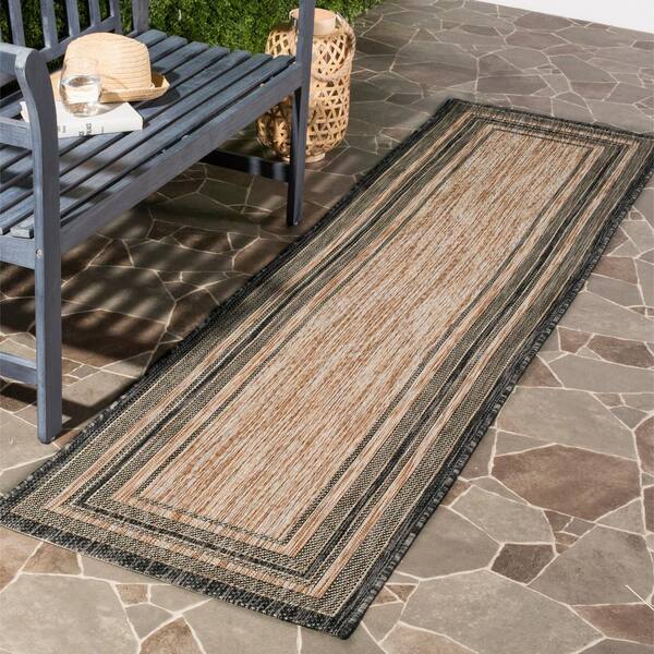 Courtyard Natural/Black 2 ft. x 22 ft. Solid Color Striped Indoor/Outdoor Runner Rug