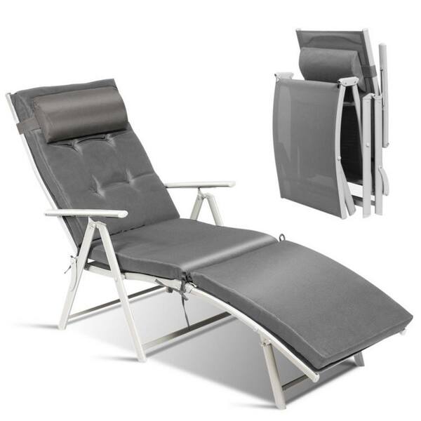 Clihome Metal Outdoor Lightweight Folding Chaise Lounge Chair with Gray Cushions