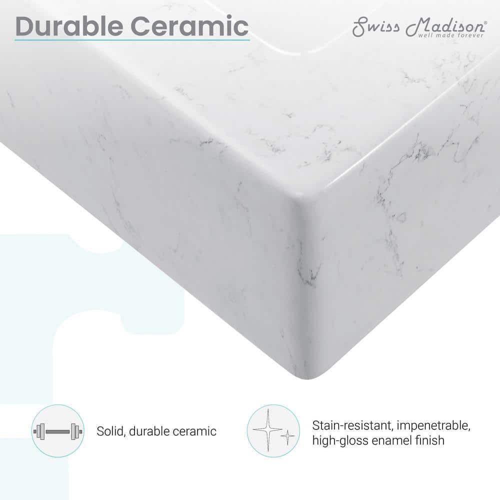 Voltaire Wide Rectangle Ceramic Vessel Sink in Static Marble