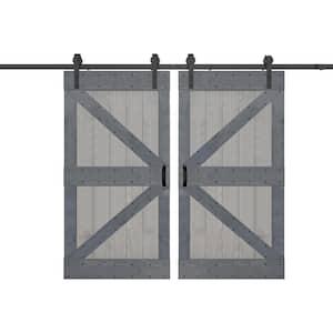 K Series 84 in. x 84 in. French Gray/Dark Gray Finished DIY Solid Wood Double Sliding Barn Door with Hardware Kit