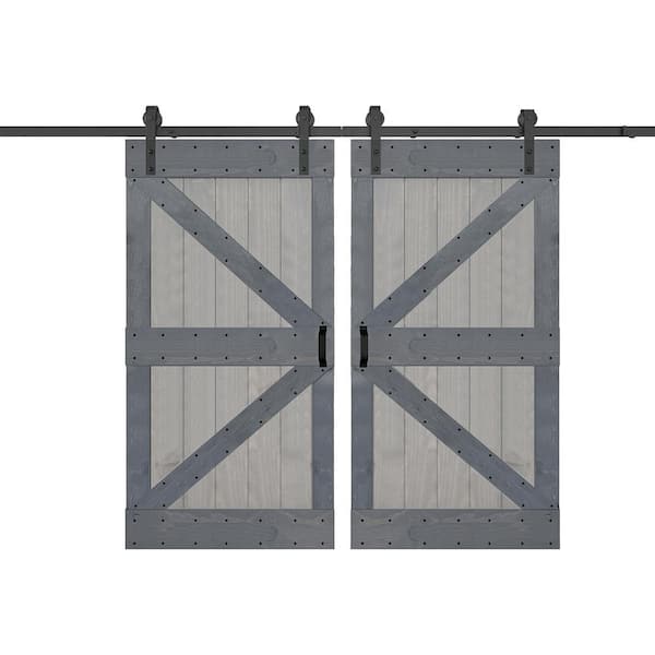 ISLIFE K Series 84 in. x 84 in. French Gray/Dark Gray Finished DIY Solid Wood Double Sliding Barn Door with Hardware Kit