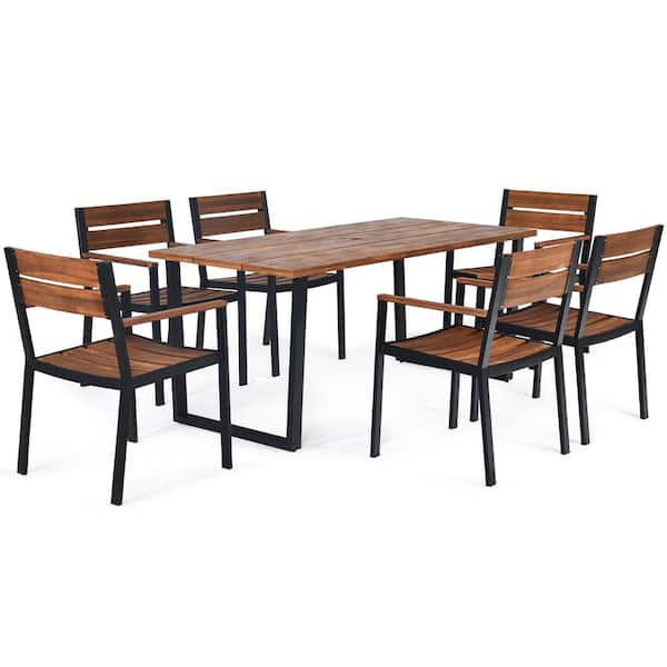 Unbranded 7-Pieces Wood Outdoor Pining Table Set Patio with Hole