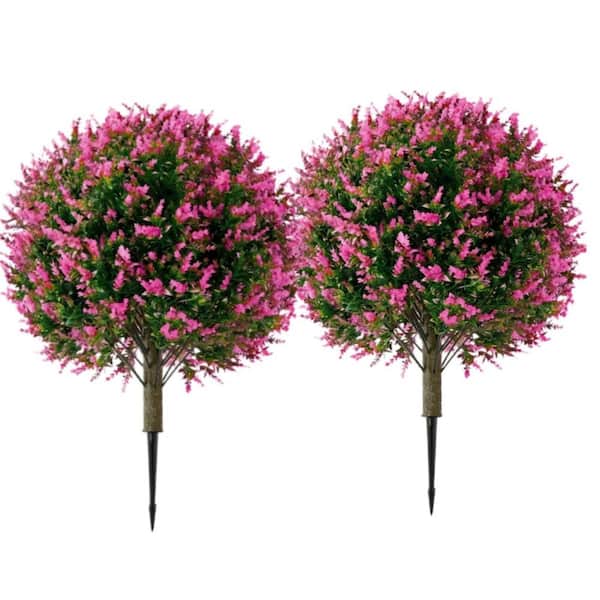 2 Pack Artificial Topiary Ball Plants Trees,Outdoor Fake Topiary Plants with Ground Spike,(Pink,Rose)