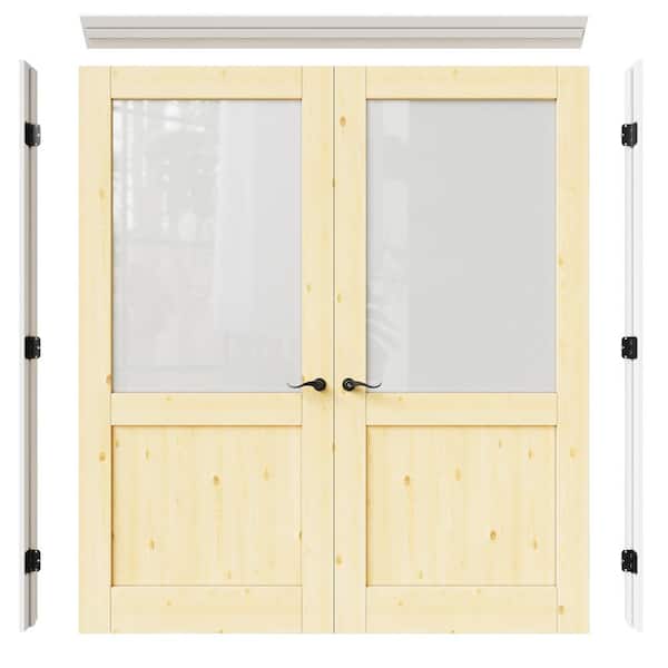 ARK DESIGN 72 in. x 80 in. 1/2-Lite Frosted Glass Solid Core Unfinished Pine Wood Double Prehung French Door with Assemble Jamb
