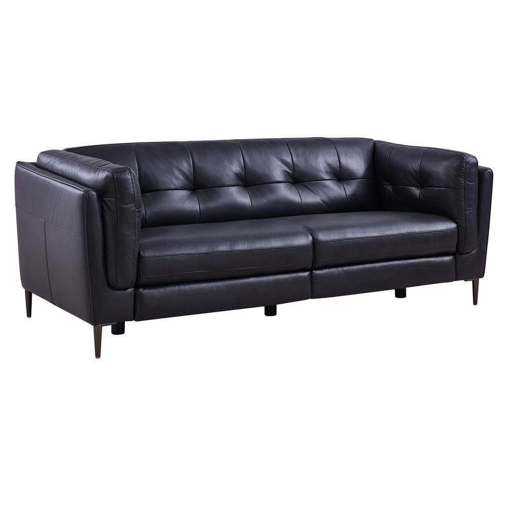 Navy Tufted Leather Power Reclining Sofa with Wood Frame