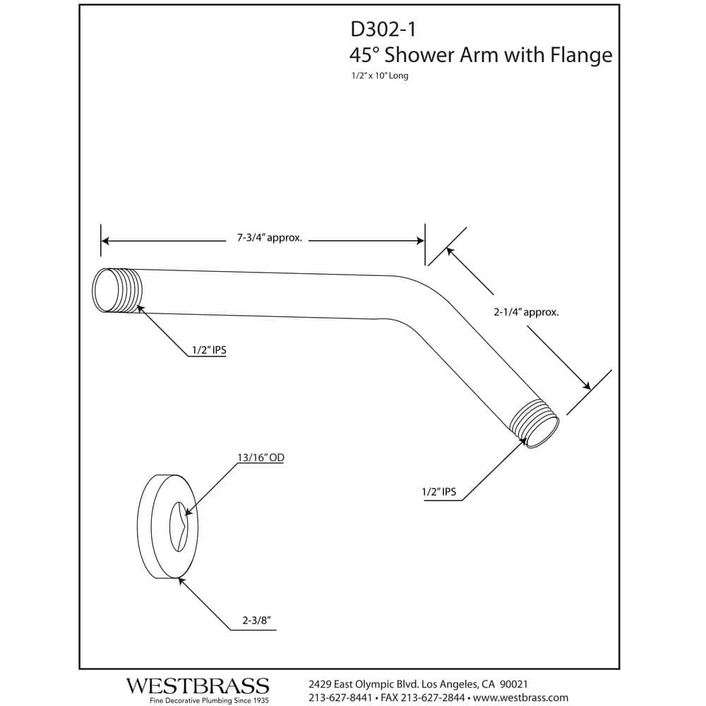 Polished Brass 10" Wall Mounted Shower Arm with Flange