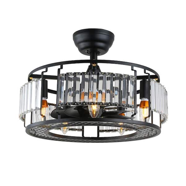 Bella Depot 18.8 in. Indoor Black Modern Industrial Crystal Ceiling Fan Caged Chandelier with Remote Control