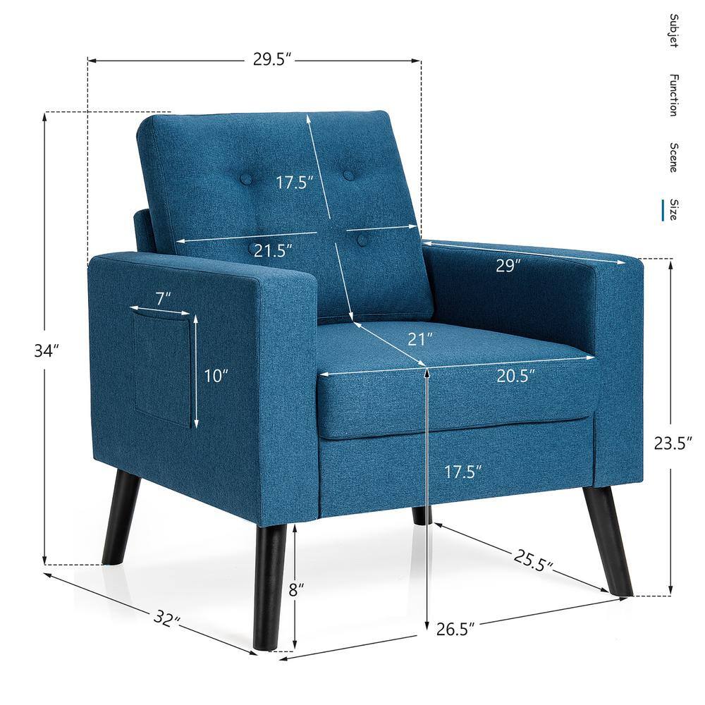Navy Blue Fabric Upholstered Armchair with Side Pockets