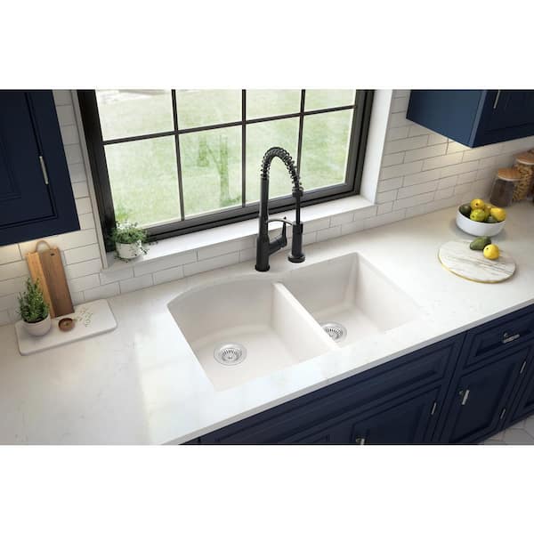 Karran 32 Undermount Quartz Composite Kitchen Sink, 60/40 Double Bowl, White, QU-610-WH-PK1