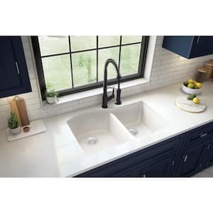 QU-610 Quartz/Granite 32 in. Double Bowl 60/40 Undermount Kitchen Sink in White with Bottom Grid and Strainer