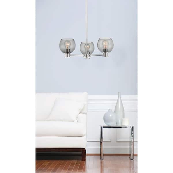 3-Light Chrome Chandelier with Smoked Glass Shades