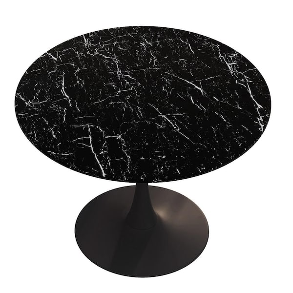 Sudzendf 42.13 in. Black Modern Round Outdoor Coffee Table with Marble Table Top Metal Base