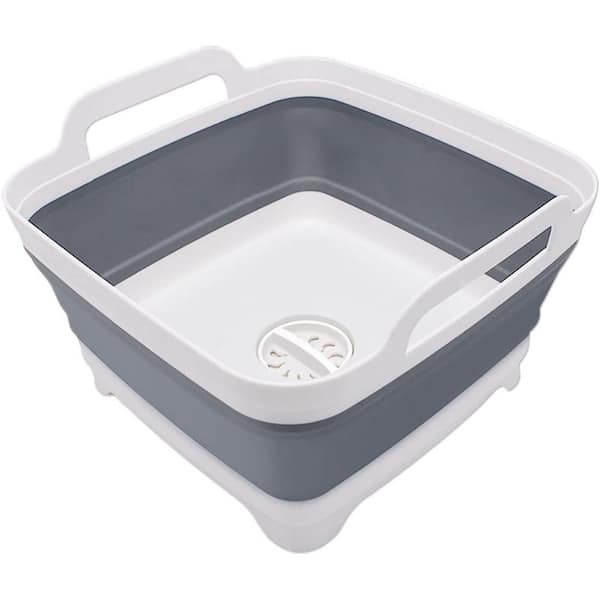 2.4 Gal. Gray Multiuse Foldable Collapsible Dish Basin Sink Tub with Drain Plug for Camping, Vegetable Washing