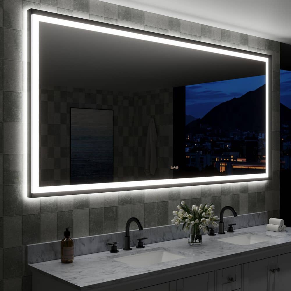 84 in. W x 40 in. H Large Rectangular Framed Wall Back Front LED Bathroom V
