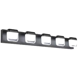 35.43 in. 5 Light Black Vanity Light Bar with Matte Black Finish and Translucent Lampshade Dimmable 5500K Light