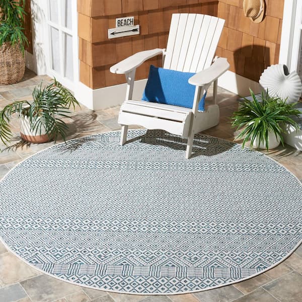 Courtyard Ivory/Aqua 7 ft. x 7 ft. Geometric Diamond Indoor/Outdoor Round Area Rug