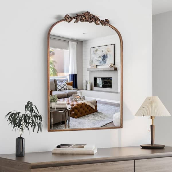 24 in. W x 36 in. H Arched Antique Gold Finish Framed Baroque Accent Wall Decorative Mirror