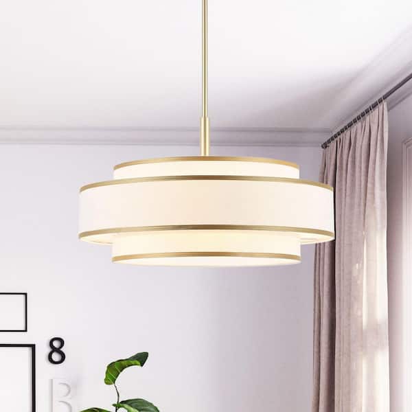 24 in. 5-Light Gold Double Shaded Drum Chandelier with White Fabric Shade