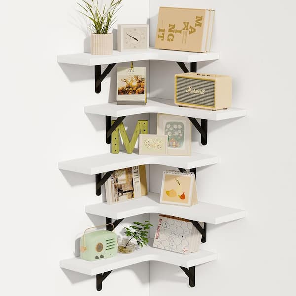 Teamson Kids 16.1 in. W x 5.5 in. D Decorative Wall Shelf, White Wall Mounted Corner Floating Shelf Set of 5