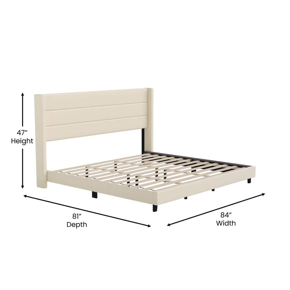 Beige King Upholstered Platform Bed with Wingback Headboard