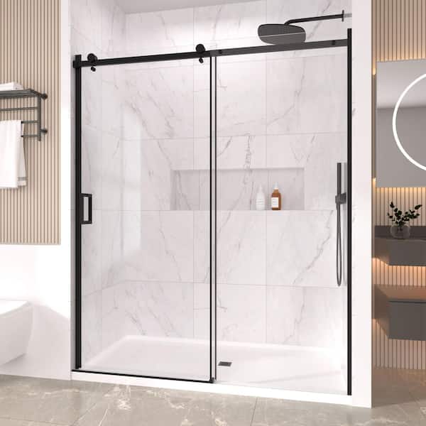 Frameless Sliding Glass Shower Door, 56-60 in. W x 74 in. H 5/16 in. 8 mm Shower Doors for Walk in Shower, Matte Black