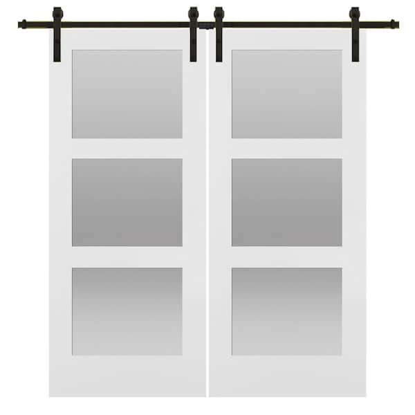 84 in. x 84 in. Shaker 3-Lite Frosted Glass Primed MDF Double Sliding Barn Door with Bent Strap Hardware Kits