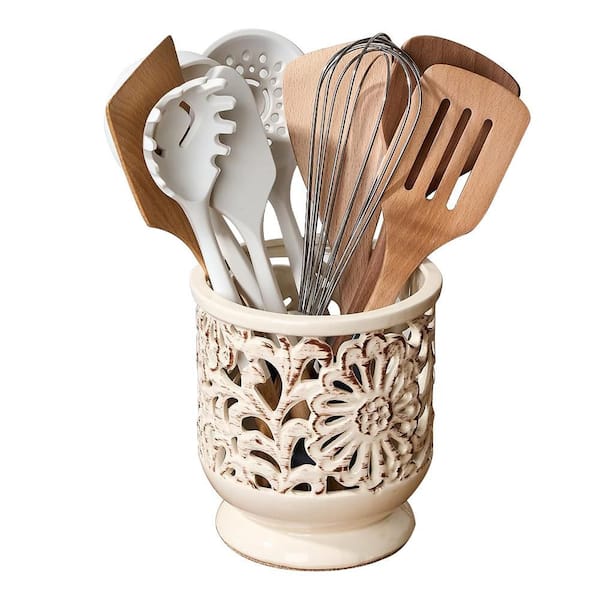 Ceramic Utensil Holder Beige with Cork Mat Decorative Farmhouse Kitchen Crock Hollow Carving Flower