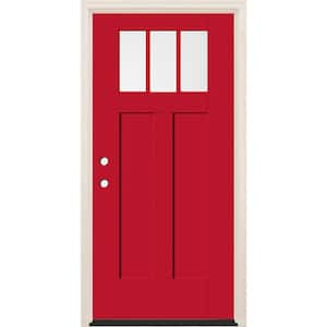 36 in. x 80 in. Right-Hand 3-Lite Clear Glass Ruby Red Painted Fiberglass Prehung Front Door with 4-9/16 in. Frame