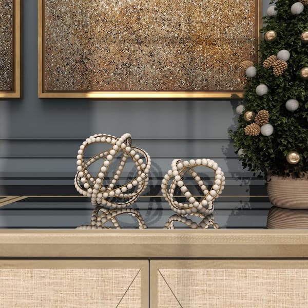 Litton Lane White Metal Handmade Beaded Geometric Sculpture (Set of 2)